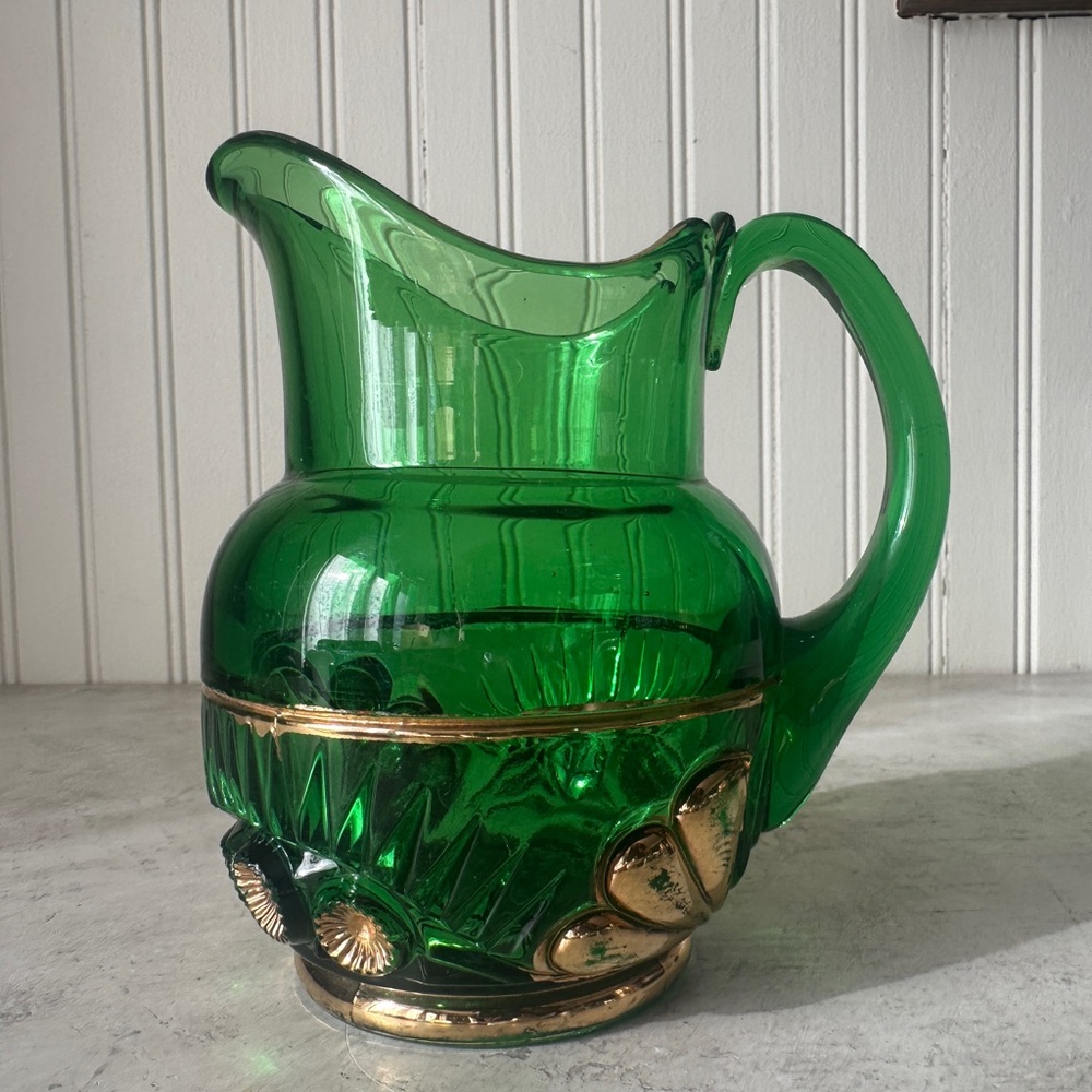 Antique Riverside Esther Emerald Green Gold Trim Glass Pitcher 1896 EAPG EUC